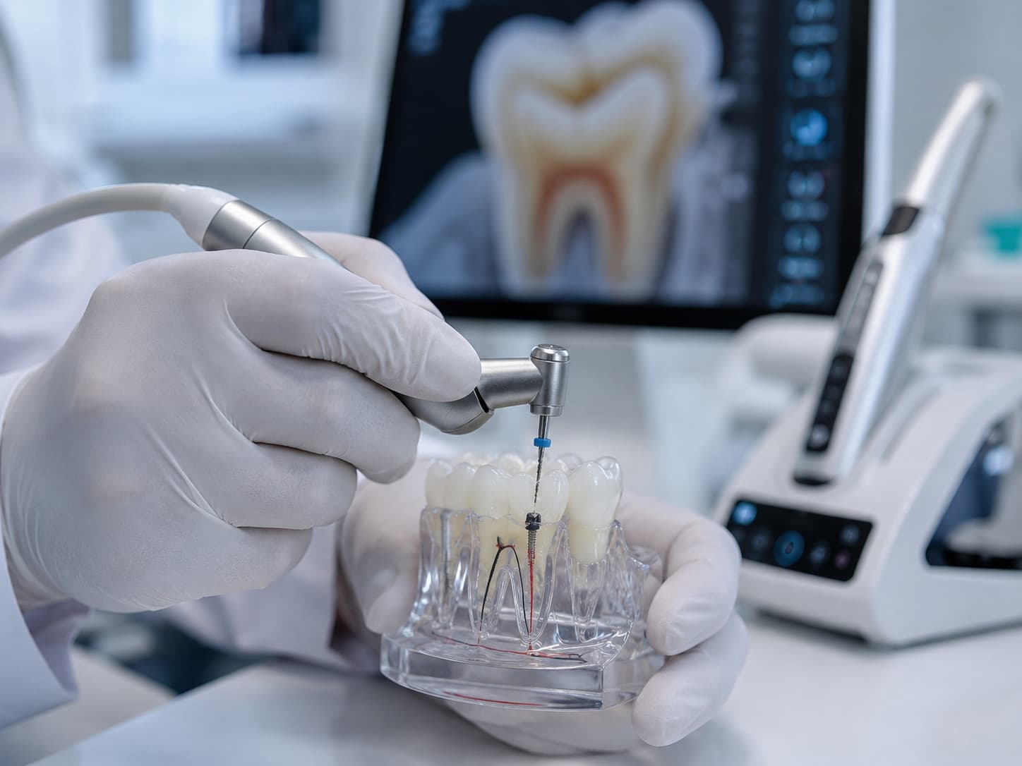 Endodontist performing root canal treatment using digital diagnostics at Elysian Dental Care