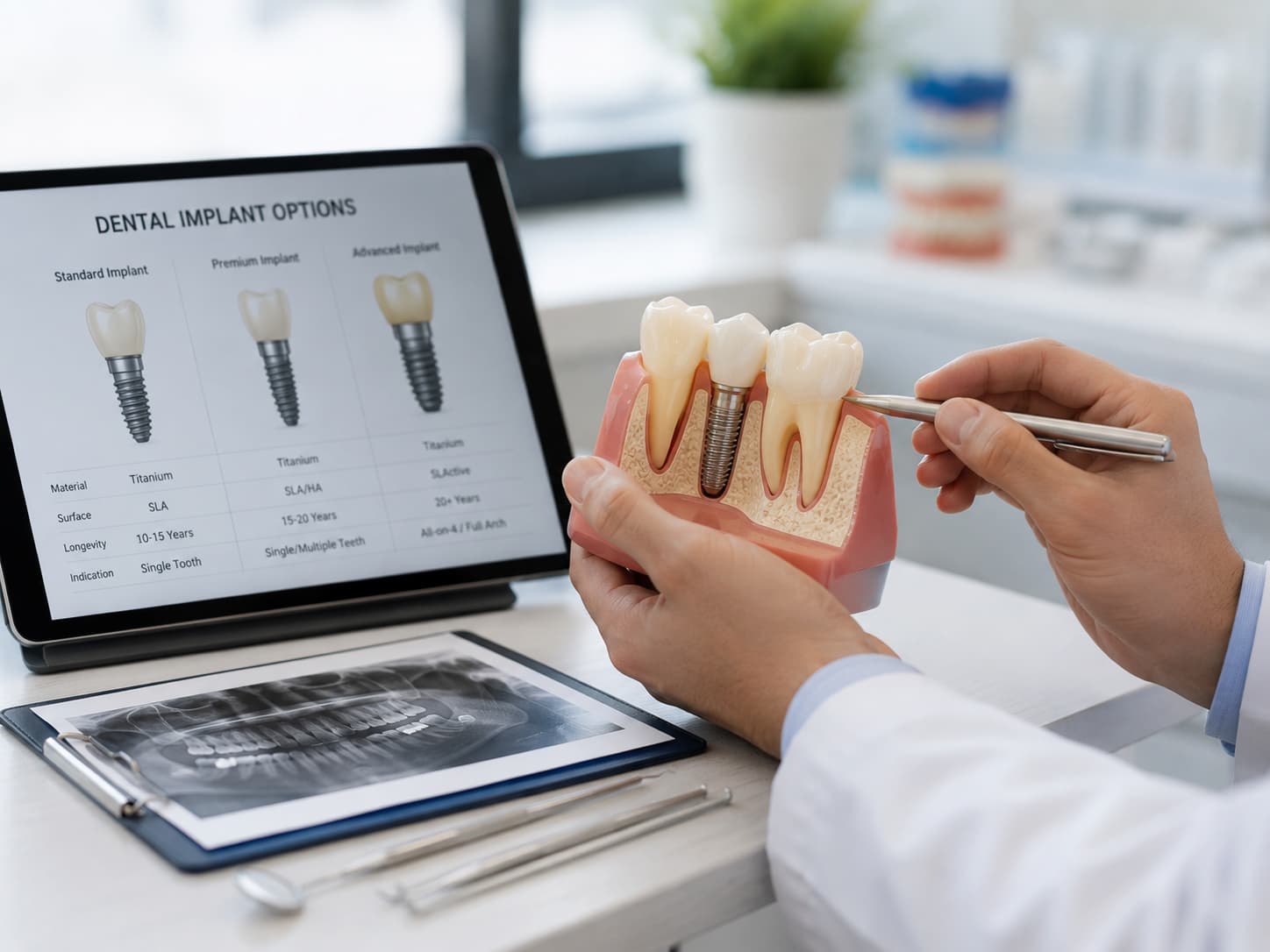 Dentist explaining dental implant brand options to patient at Elysian Dental Care